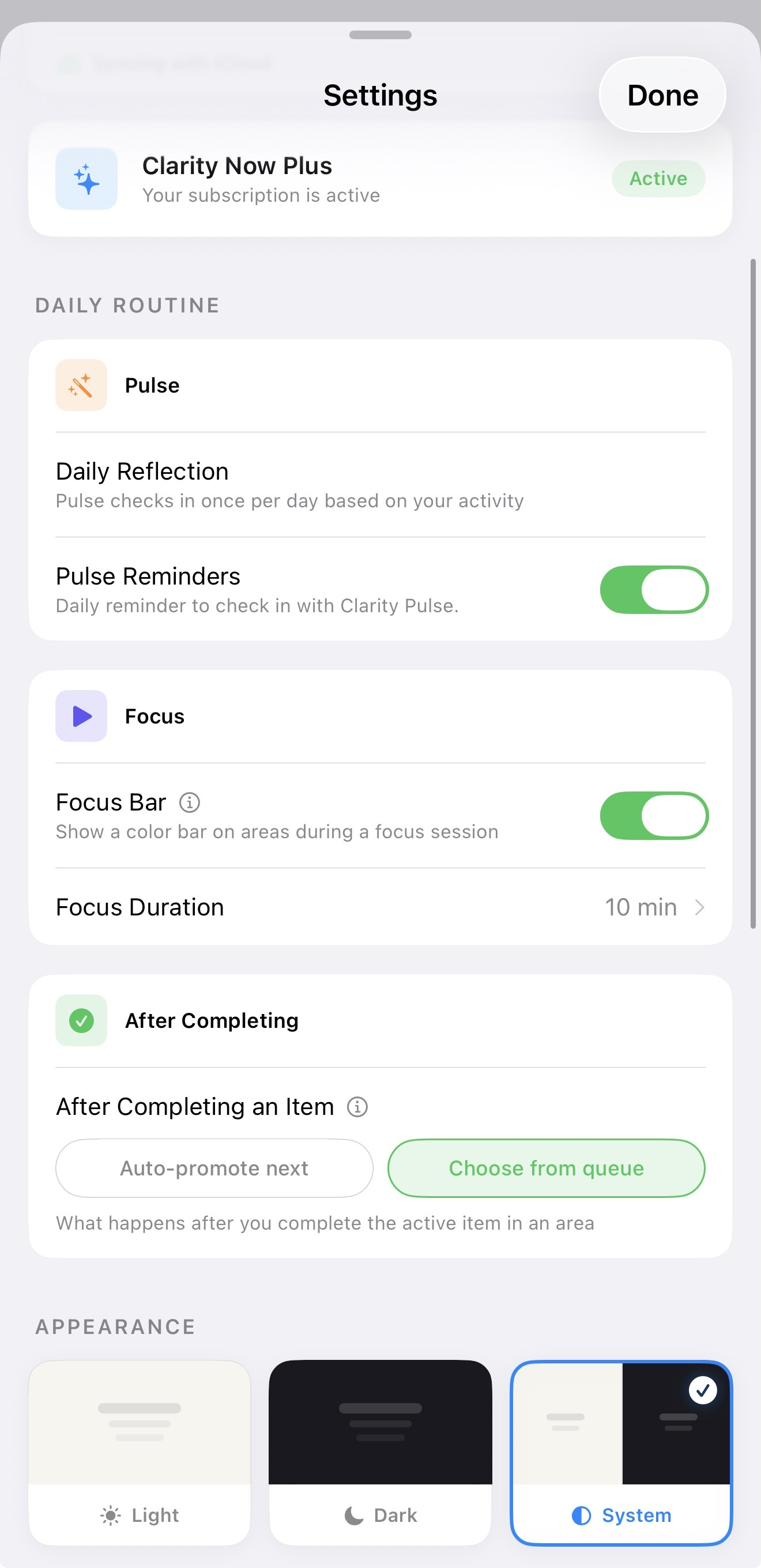 Settings screen showing Pulse, Focus, and other daily routine settings